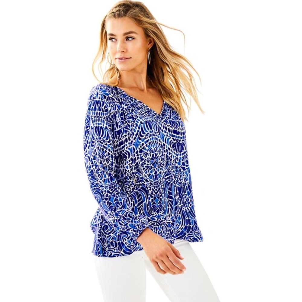 Lilly Pulitzer Willa Blue/White Printed Top in Taverna Tile